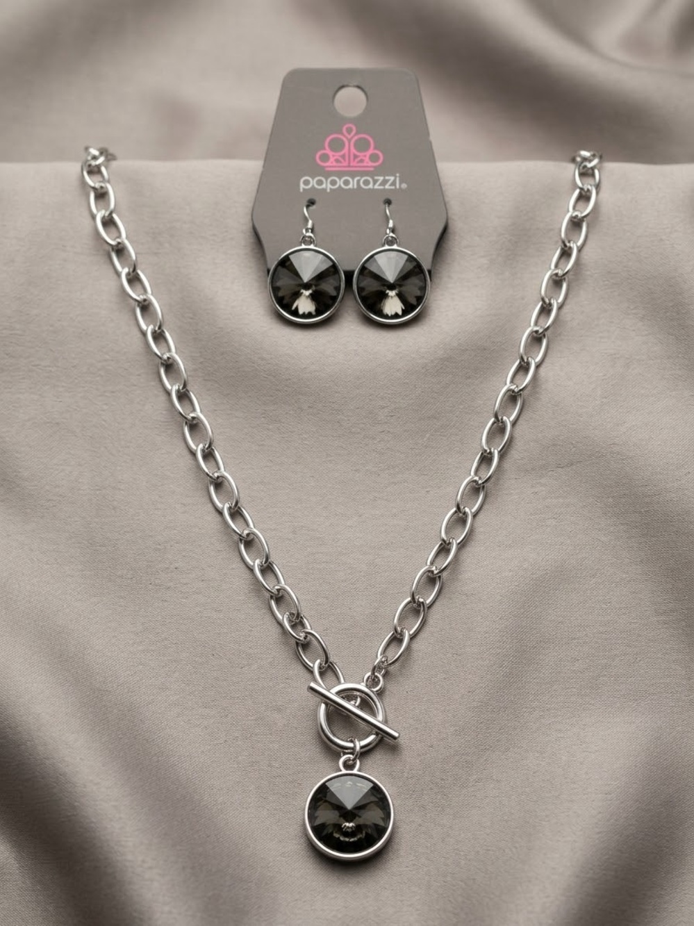 paparazzi Silver Chain Necklace and Black Crystal Drop Earrings Set 3 pc
